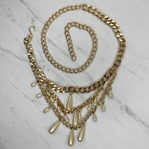 Draped Chunky Gold Tone Chain Belt Faux Pearl Drops OS